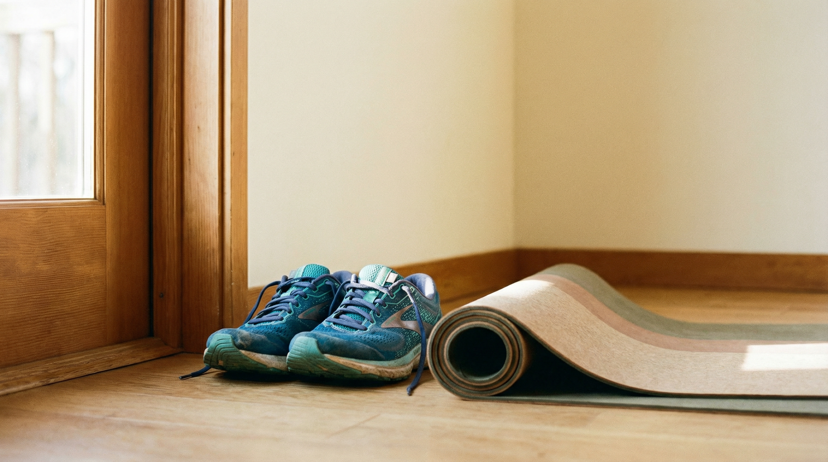 Running shoes and yoga mat by a doorway — daily exercise habit